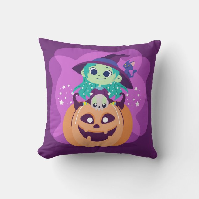 Coussin Jolie sorcière Halloween sur Citrouille Éffrayant  (Recto)