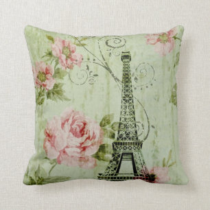 Coussin jolie tour de paris fleurie rose à la menthe de pr