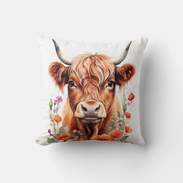 Coussin Jolie Vache Highland Et Fleurs De Pavot Aquarelle (Recto)
