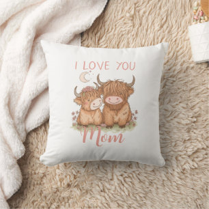 Coussin Jolie vache Highland et maman Je t'aime Fête des M