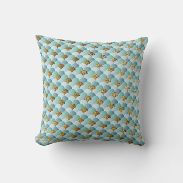 Coussin Jolies écailles de sirène en Aqua Mint Gold (Recto)