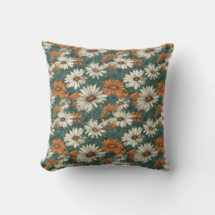 Coussin Jolies fleurs de marguerite, vert, orange et crème