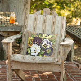 Coussin Jolies fleurs de pensée vintage sur faux jute toil