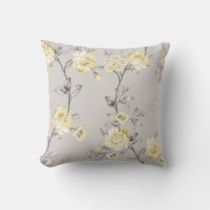 Coussin jolies fleurs jaunes avec motif feuille gris sur g