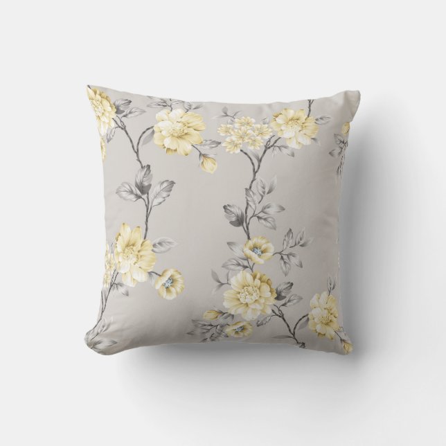 Coussin jolies fleurs jaunes avec motif feuille gris sur g (Recto)