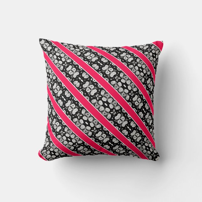 Coussin Jolies fleurs roses noires et blanches rayées (Recto)