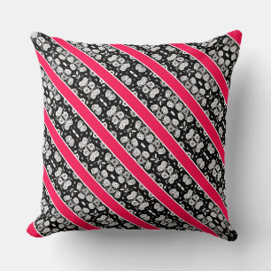 Coussin Jolies fleurs roses noires et blanches rayées