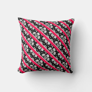 Coussin Jolies fleurs roses noires et blanches rayures