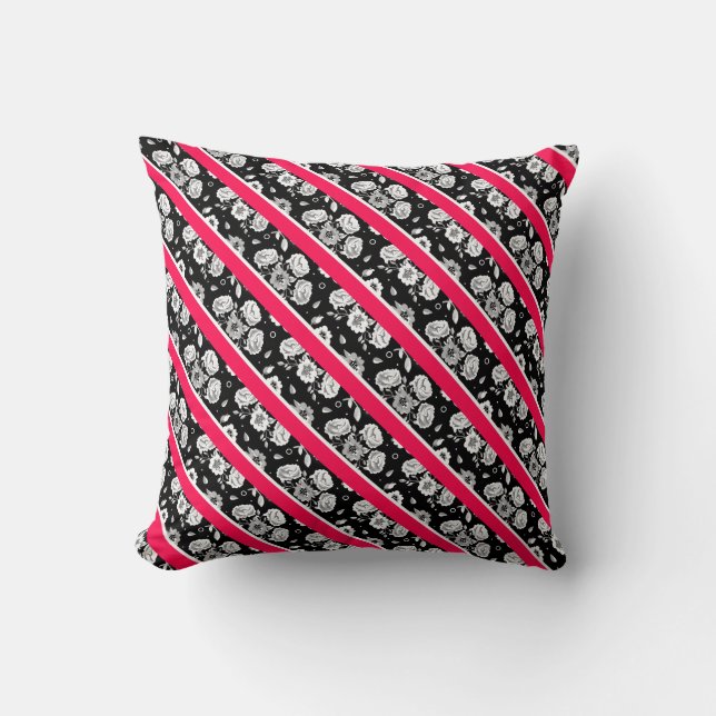 Coussin Jolies fleurs roses noires et blanches rayures (Recto)