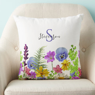 Coussin Jolies Fleurs Sauvages Nom Personnalisé et Monogra