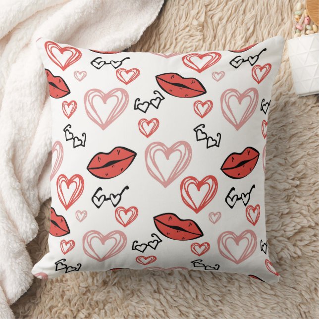 Coussin Jolies lèvres de la Saint-Valentin, cœurs et lunet (Couverture)