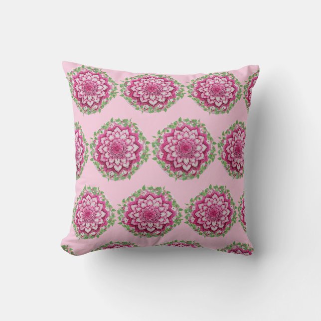 Coussin Jolies nuances de rose avec mandala ivoire vert (Recto)