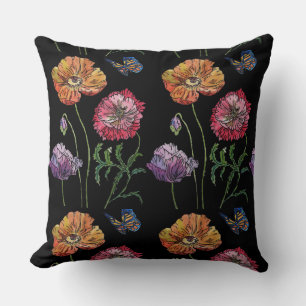 Coussin Jolies Poppies Fleurs d'Aquarelle Noire Floral
