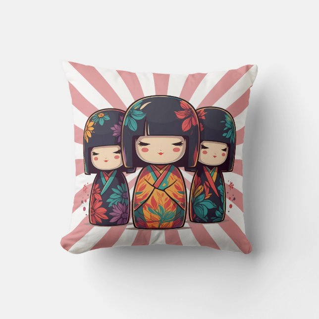 Coussin Jolies poupées kokeshi japonaises (Recto)