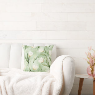 Coussin Jolies Tulipes Blanches Vertes Oiseaux