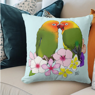 Coussin Jolis Inséparables Fleurs Tropicales Oiseau Romant