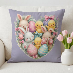Coussin Jolis lapins et poussins de Pâques au style cottag