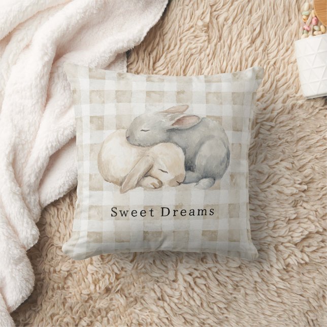 Coussin Jolis lapins gris crème endormis à carreaux (Couverture)