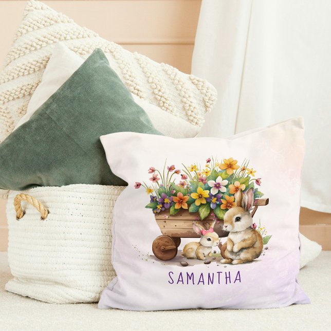 Coussin Jolis Lapins Personnalisés Fille Pâques (Cute Bunnies Custom Name Girl Easter Throw Pillow)