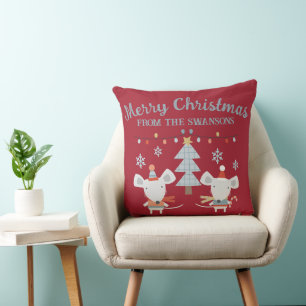 Coussin Jolis souris de Noël et arbre sur fond rouge burgu