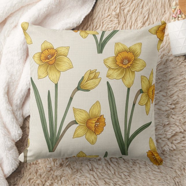 Coussin Jonquille Floral de printemps en jaune et vert dou (Couverture)