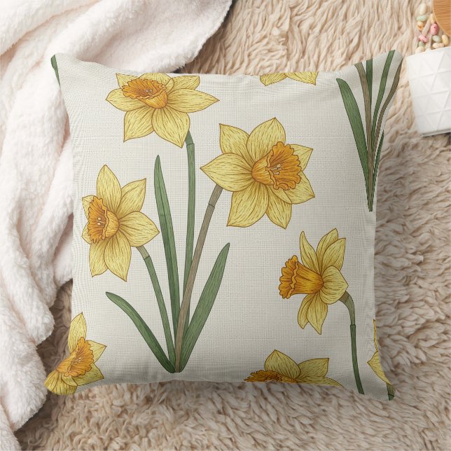 Coussin Jonquille Florale de Printemps en Jaune et Vert Cl (Couverture)