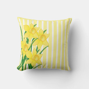 Coussin Jonquilles de style printanier sur rayures jaunes