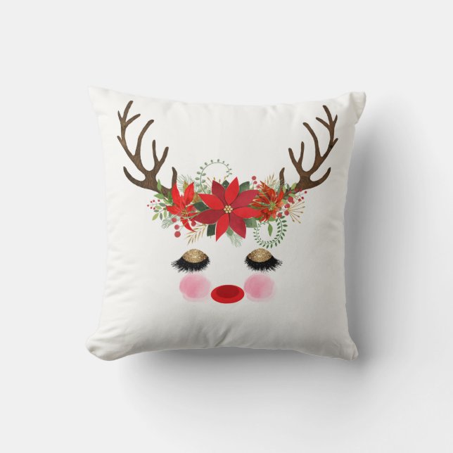 Coussin Joues roses yeux dorés floral renne de Noël (Recto)