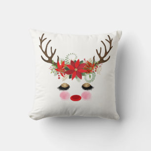 Coussin Joues Roses Yeux Dorés Floral Renne Fêtes