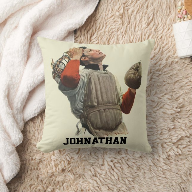 Coussin Joueur de baseball vintage, le receveur regarde en (Couverture)