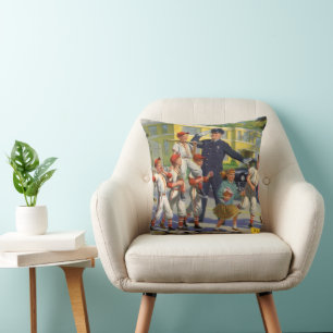 Coussin Joueurs de baseball vintage et agent de police de 