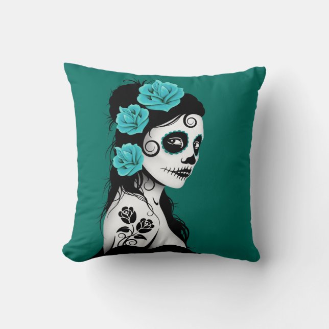 Coussin Jour bleu turquoise de la fille morte de crâne de (Recto)