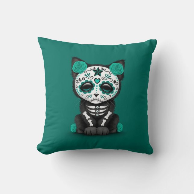 Coussin Jour bleu turquoise mignon du chat mort de chaton (Recto)