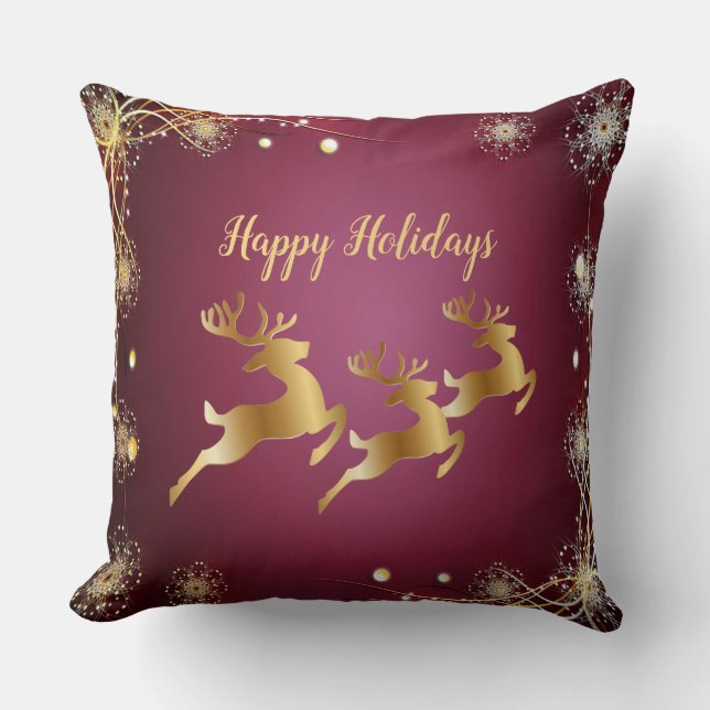Coussin Jour de Noël Golden Reindeers Rouge rose Élégant (Recto)