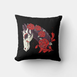 Coussin Jour des Chevaux Morts Squelette avec Roses Rouges