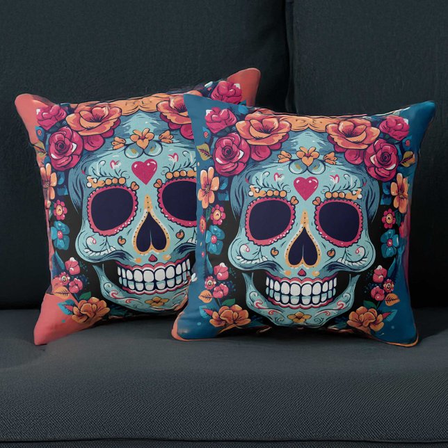 Coussin Jour des morts ou Halloween Crâne à sucre bleu (The background color is customizable.  Shown here with teal background on front and orange on back.)