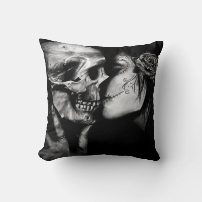 Coussin Jour gothique de la mort crâne noir et blanc et fe (Recto)