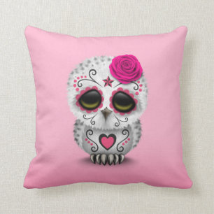 Coussin Jour rose mignon du hibou mort de crâne de sucre