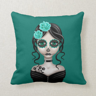 Coussin Jour triste de la fille morte sur le bleu