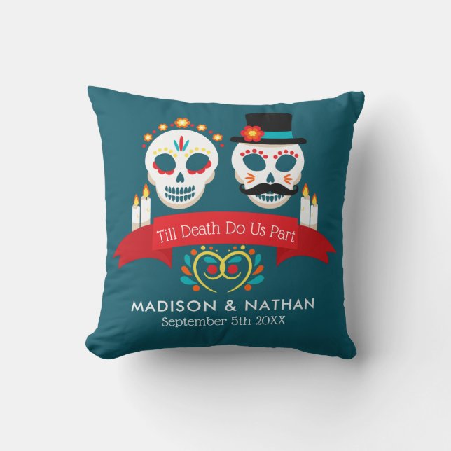 Coussin Jour turquoise du Mariage du nom du crâne de sucre (Recto)