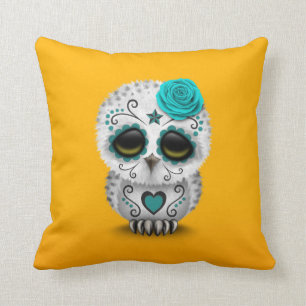 Coussin Jour turquoise mignon du jaune mort de hibou de