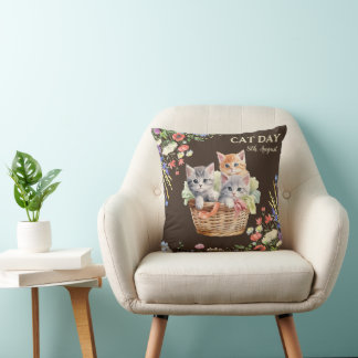 Coussin Journée internationale du chat aquarelle fleur sau