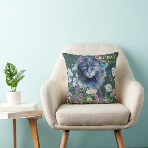 Coussin Journée internationale du chat aquarelle fleur sau