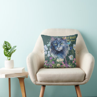 Coussin Journée internationale du chat aquarelle fleur sau