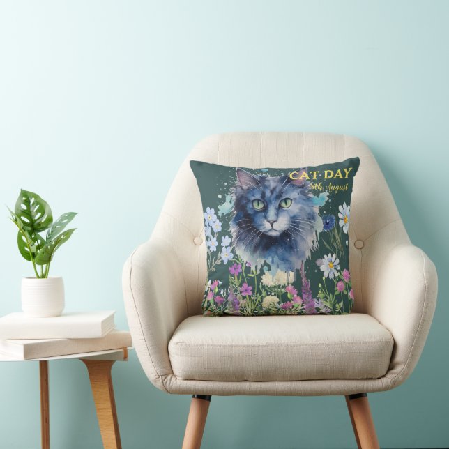 Coussin Journée internationale du chat aquarelle fleur sau (Chaise)