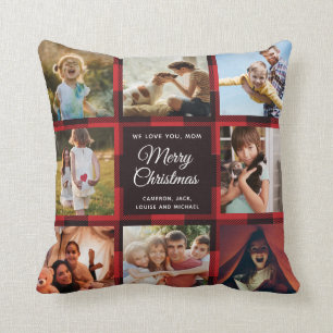 Coussin Joy Christmas Mom Red Plaid Family Photo Collage