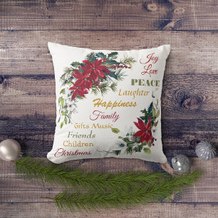 Coussin Joy Love Peace Poinsettia Noël