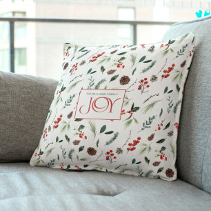 Coussin Joy moderne Red Berry Botanical Photo de Noël