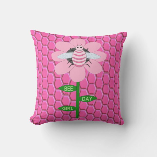 Coussin Joyeuse Bee Day Girl rose Anniversaire Bumblebee (Recto)