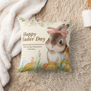 Coussin Joyeuse fête de Pâques au lapin floral aquarelle a